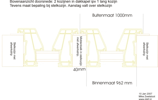 schematisch detail van het kozijn in 2 losse delen met een middenbalk ertussen